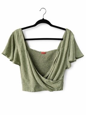 Guess Sage Green Wrap Blouse with Flutter Sleeves